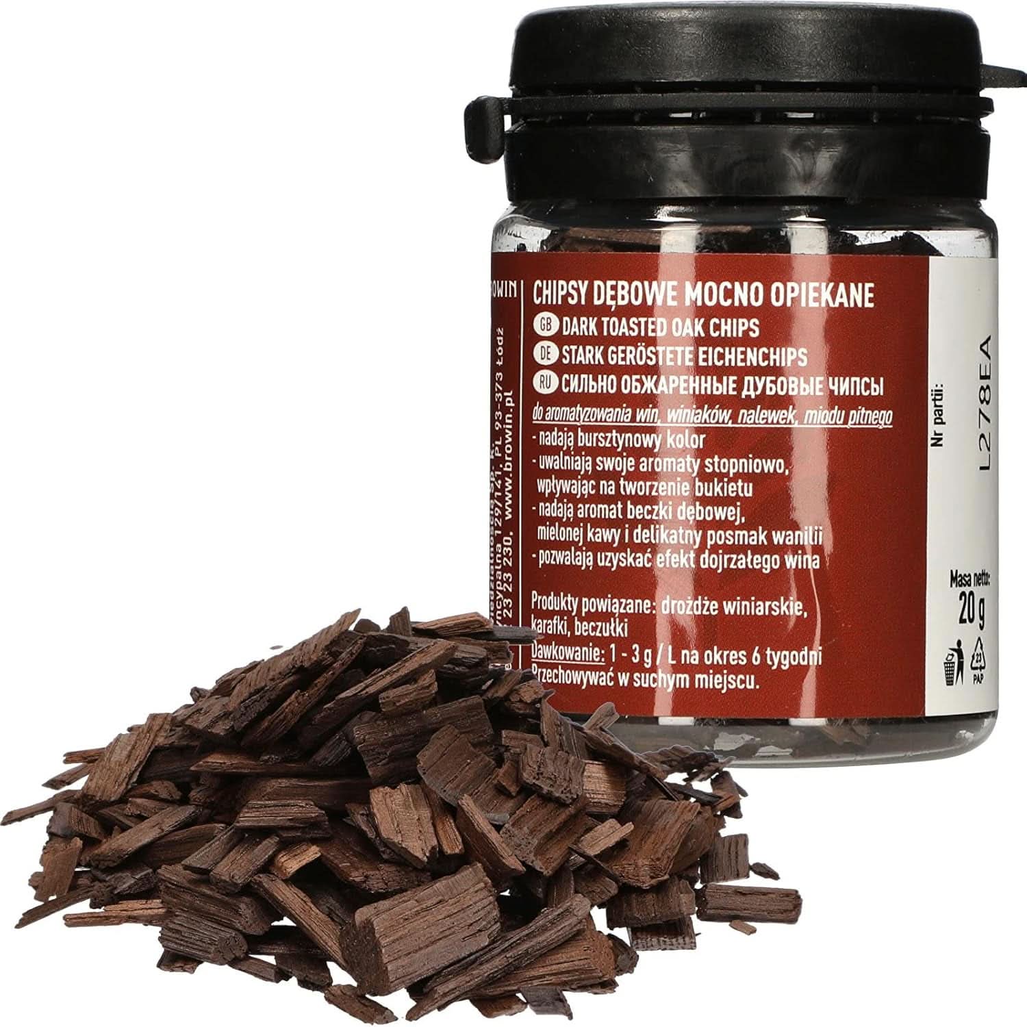 Browin Strong Roasted Oak Chips 20g - płatki, drobne laski dębowe do aromatyzowania alkoholu, brązowy Aromaty Naty Shop