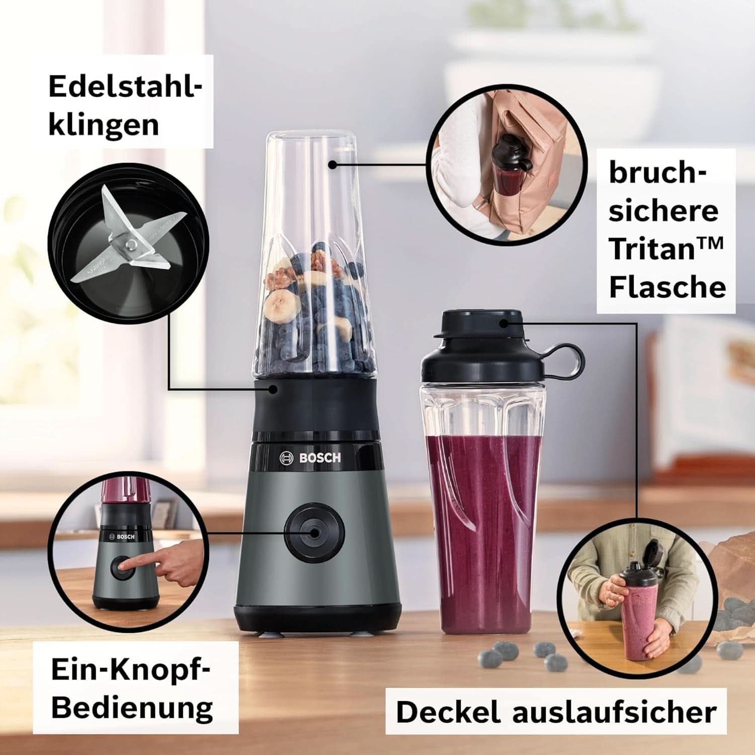 Bosch Mini-mikser stojący Vitapower Serie 2 MMB2111S, mikser wysokoobrotowy, Bis Zu 40 000 obr./min, Tritan Togo-Flasche 0,6 l, Trinkdeckel, Bruchsicher, Spülmasch.Geeignete Teile, 450W, Silber/Schwarz Kitchen Naty Shop