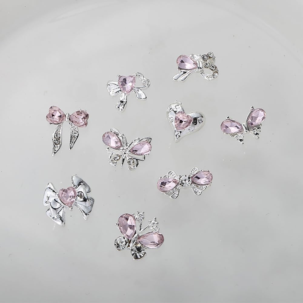 Luxus Rosa Diamant Nagel Charms 3D Butterfly Nail Art Charms Kokarda Charms do paznokci Y2K Heart Charms Nägel Zubehör Schmetterling Herz Schleife Nageldesign Edelsteine ​​​​Strasssteine ​​Glitzersteine ​​​​Nagelschmuck