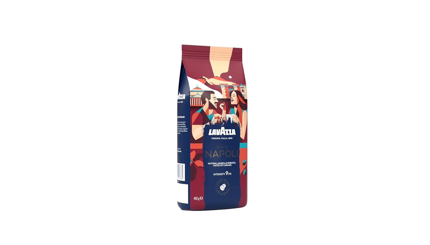 Lavazza, Tales of Napoli, kawa ziarnista, idealna do ekspresów, z aromatycznymi nutami kakao i karmelu, Arabica i Robusta, intensywność 9/10, intensywna palenie, 450 g