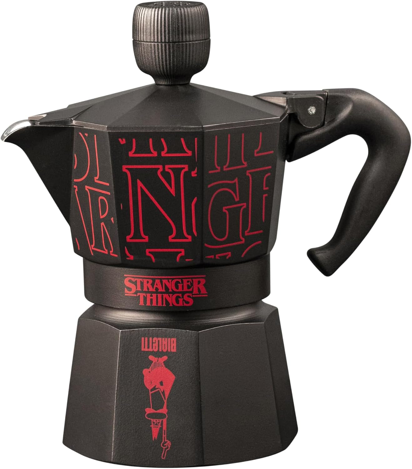Bialetti Moka Express Stranger Things Ekspres do kawy na 3 filiżanki, Przycisk muzyczny z funkcją ładowania USB-C, Nie nadaje się do płyt indukcyjnych, 3 filiżanki (130 ml), Czarny