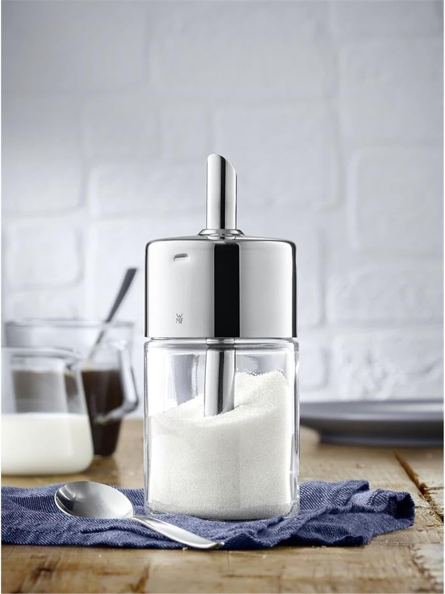 Shaker do cukru WMF Barista 240 g, szkło, dozownik cukru, stal nierdzewna polerowana Cromargan, idealny do białego/brązowego cukru, kakao lub jako shaker do przypraw