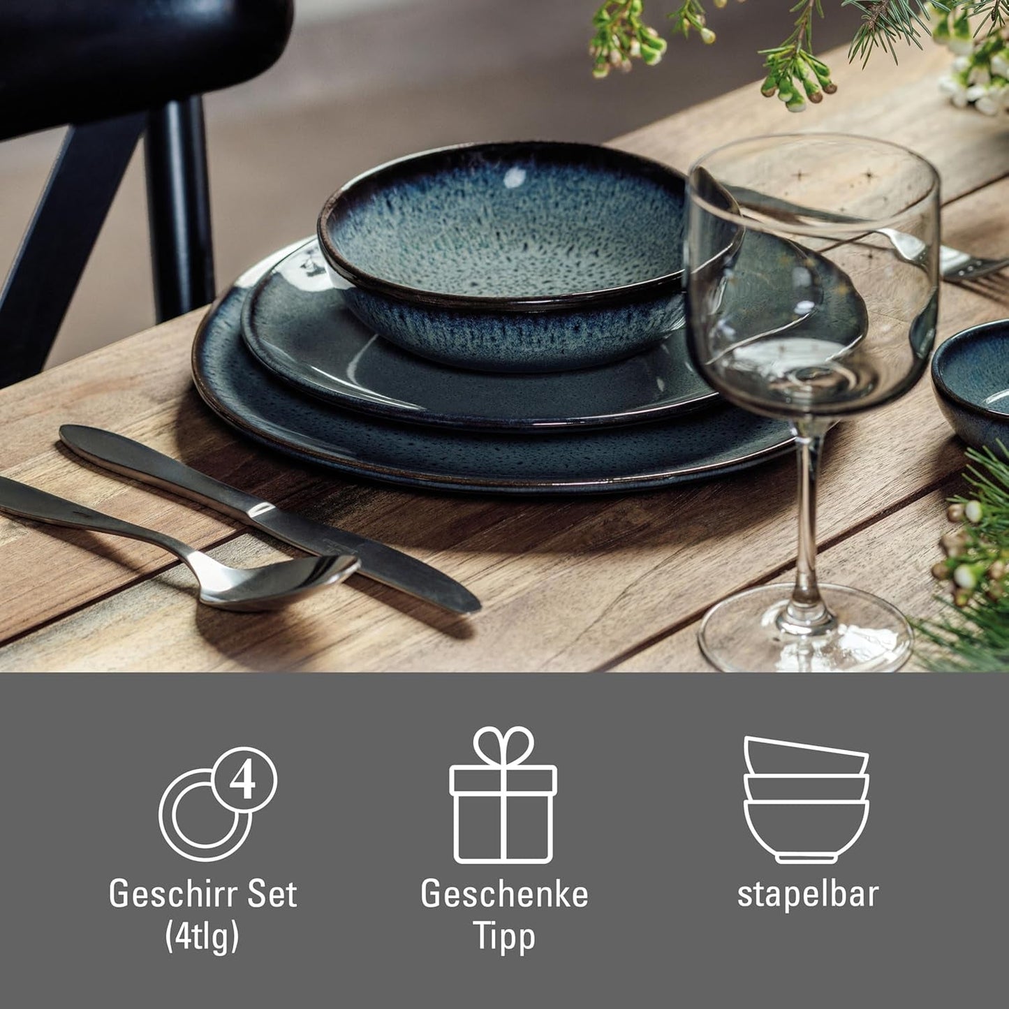 tak jak. de Villeroy & Boch - Zestaw naczyń obiadowych z kamionki Lave Gris, 4 sztuki, wygląd ceramiczny, zastawa stołowa dla 2 osób, szary