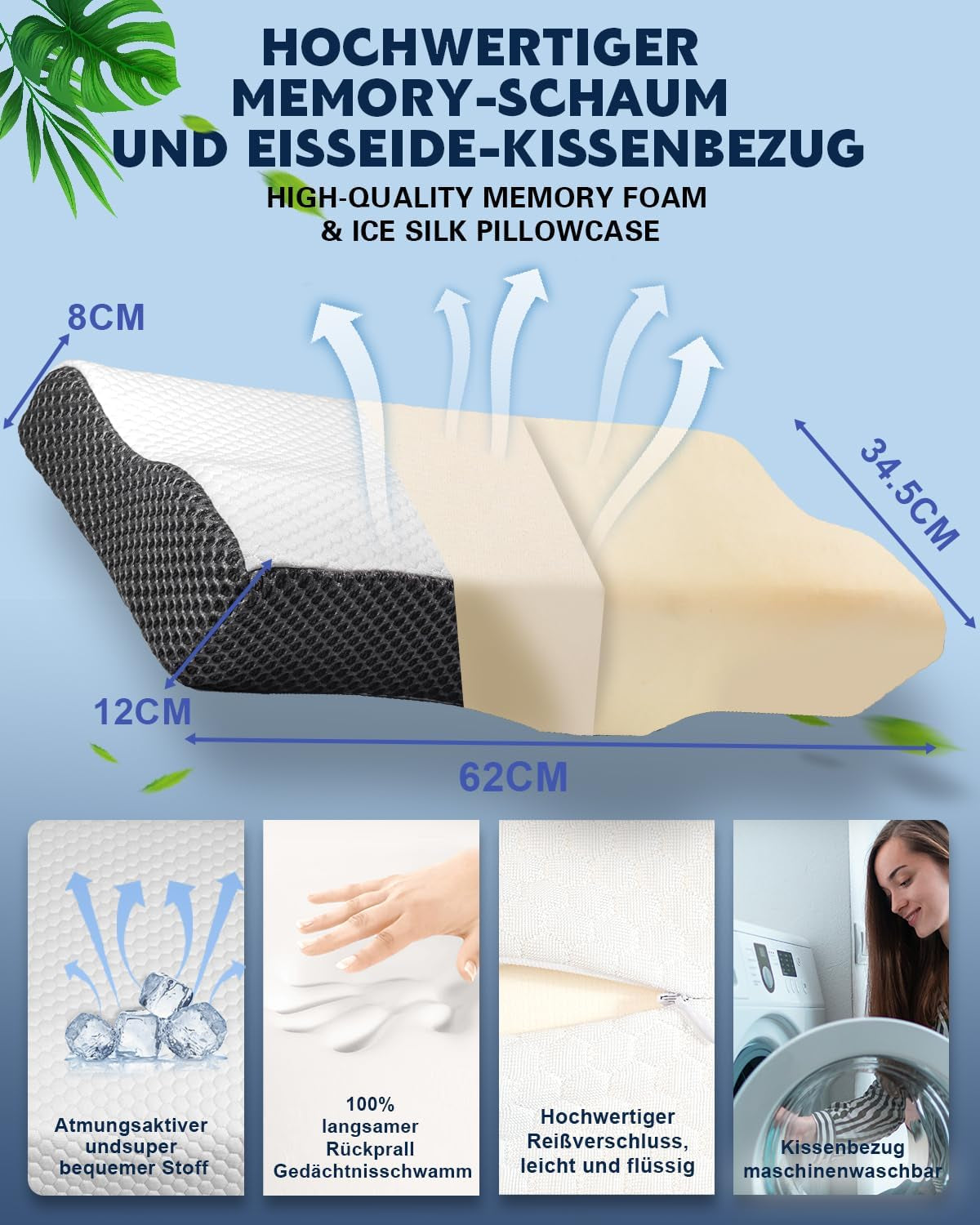 Poduszka IDEA, ergonomiczna poduszka ortopedyczna na ból szyi, poduszka z pianki memory do podkładów bocznych, pleców i brzucha, poduszka przeciw chrapaniu dla kobiet i mężczyzn (62 * 34,5 * 12/8 CM) Poduszki ortopedyczne na szyję Naty Shop