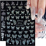 6 Blatt Schmetterling Nagelsticker Selbstklebend Laser Silber Schmetterlings Nagelaufkleber 3D Aurora Silber Schwarz Schmetterlinge Nagel Naklejki Frühling Nageldesign Naklejka na paznokcie Nail Art Zubehör