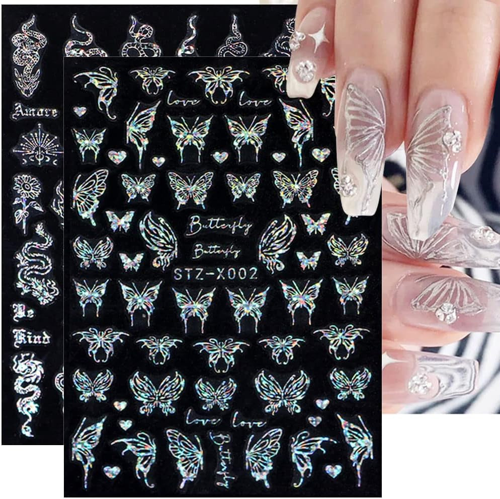 6 Blatt Schmetterling Nagelsticker Selbstklebend Laser Silber Schmetterlings Nagelaufkleber 3D Aurora Silber Schwarz Schmetterlinge Nagel Naklejki Frühling Nageldesign Naklejka na paznokcie Nail Art Zubehör