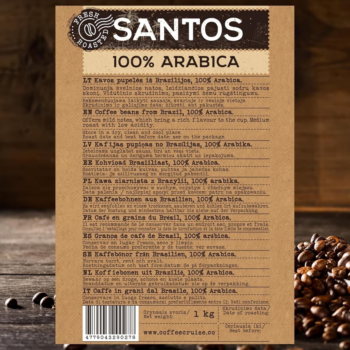 WYCIECZKA KAWOWA Santos Kaffeebohnen 1kg - Mittlere Röstung - Aroma Caramel - Für All Kaffeemaschinen - 100% Arabski