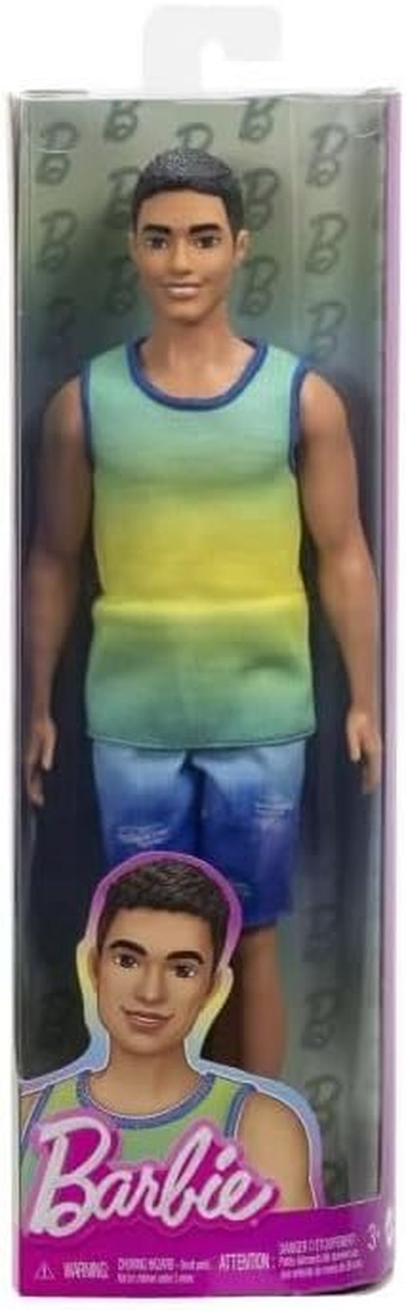 Lalka Ken Barbie Fashionistas nr. 236 z czarnymi włosami, turkusowym podkoszulkiem w kolorze ombré, dżinsowymi spodenkami i srebrnymi tenisówkami, HYV00