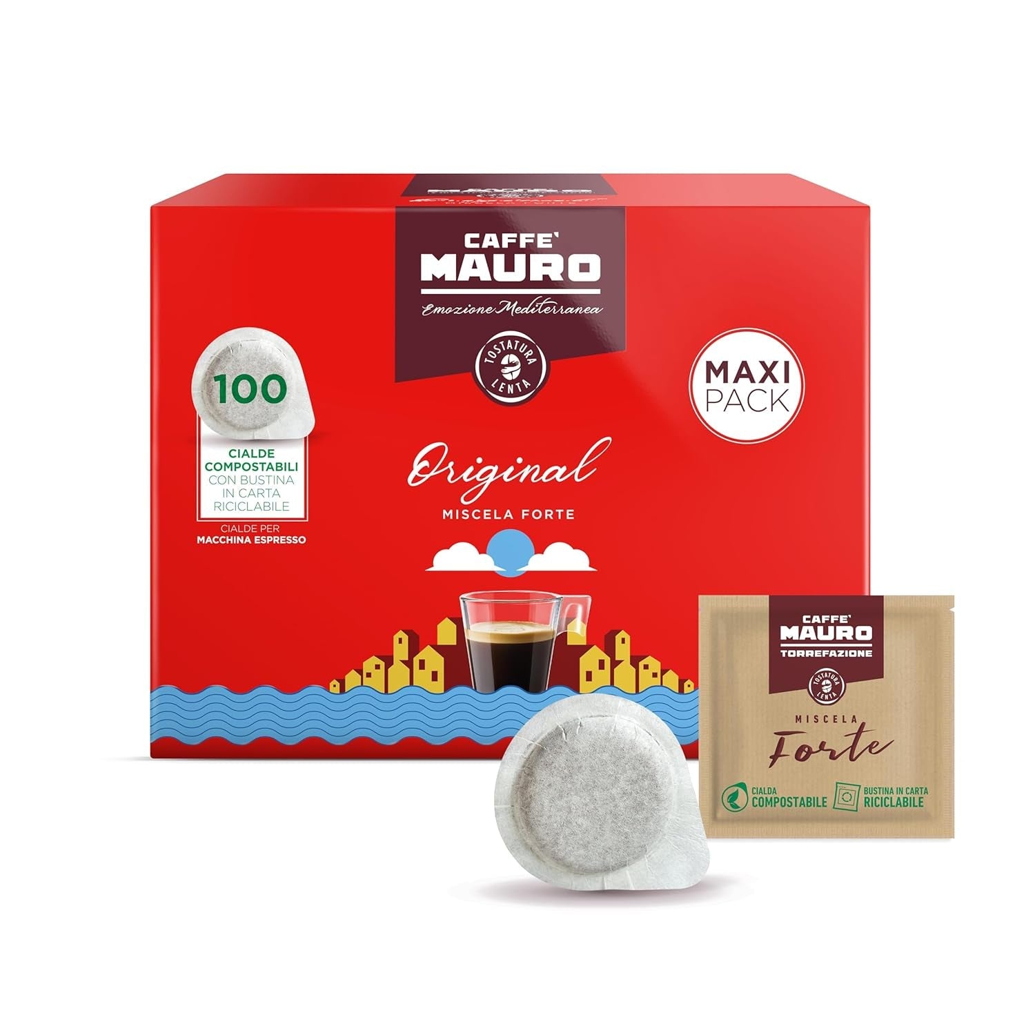 Caffè Mauro Torrefazione Kaffee Kompostierbare Pods, Recyclebare Verpackung, Original Mischung - 100 stück - Intensität 10/10 - Kompatybilny z podkładkami papierowymi ESE System 44 mm