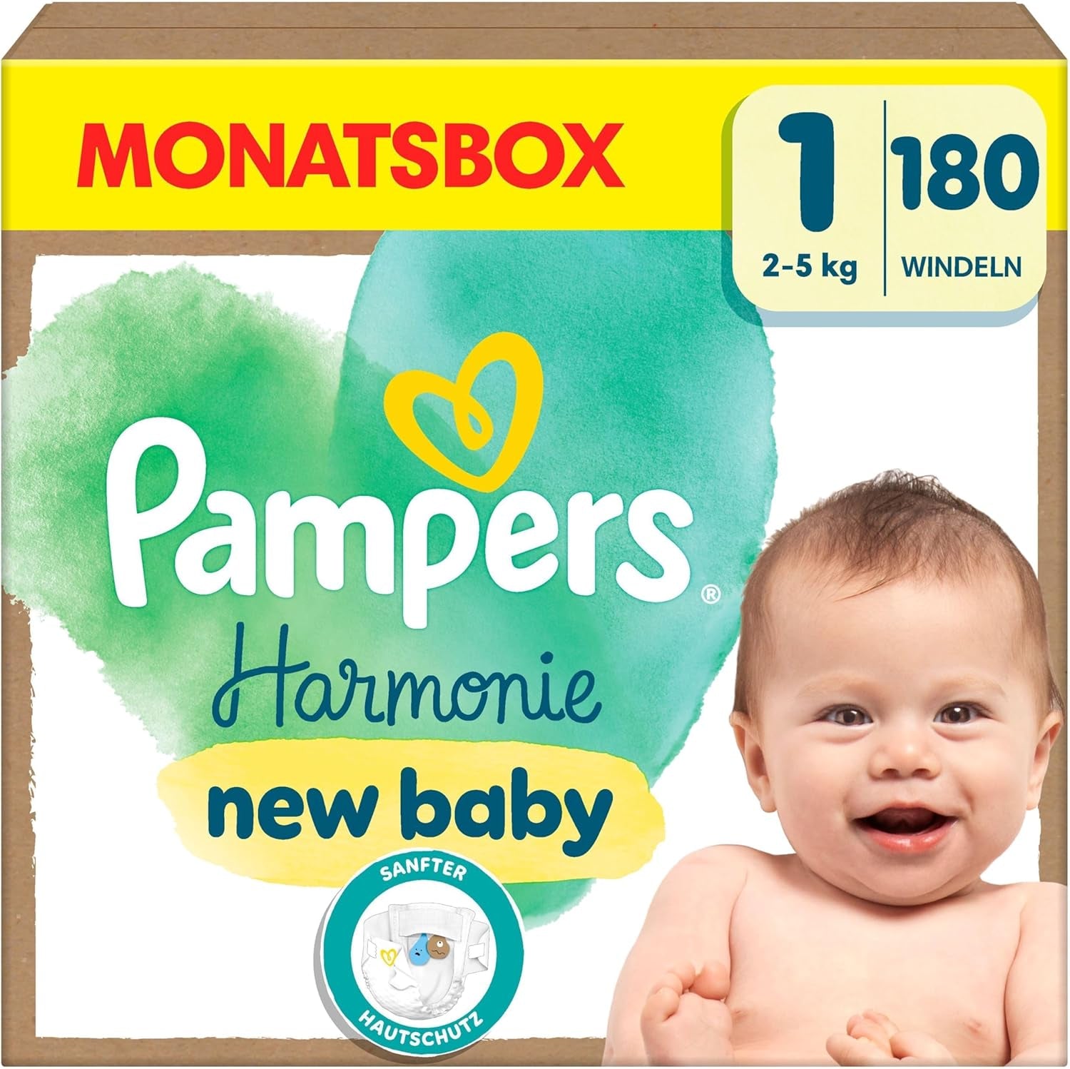 Pieluchy Pampers Harmony rozmiar 1, 180 pieluszek, 2kg-5kg, delikatna ochrona skóry dzięki 100% ochronie Pampers