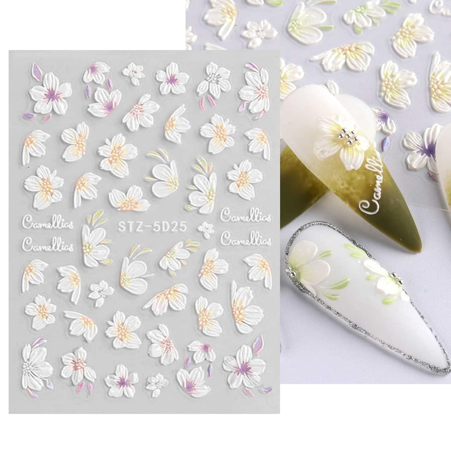 JMEOWIO 3D Nagelsticker Frühling Blume Nail Art Naklejka Selbstklebend Nagelaufkleber 5D Stereoskopisch Blumen Dekoration Nageldesign Zubehör 4 Blatt