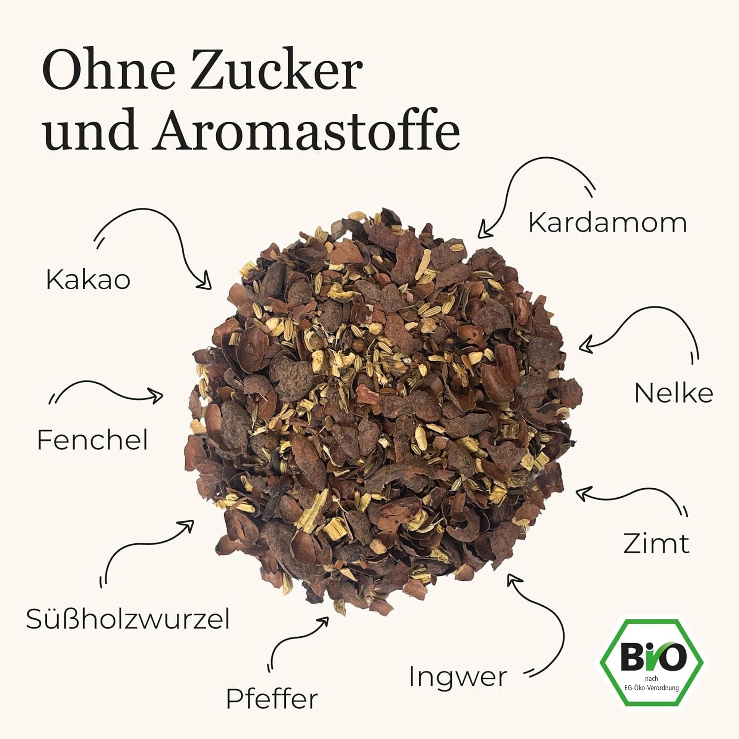BIO Schoko Chai Herbata przyprawiona bez cukru, z ziarenkami kakao, cynamonem, lukrecją i innymi aromatycznymi przyprawami Chai, 100 g