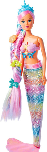 Simba 105733610 - Steffi Love Rainbow Mermaid, tęczowa lalka syrenka z kolorowymi włosami, spinkami do włosów, grzebieniem i odpinaną płetwą, lalka do zabawy 29 cm, od 3 lat