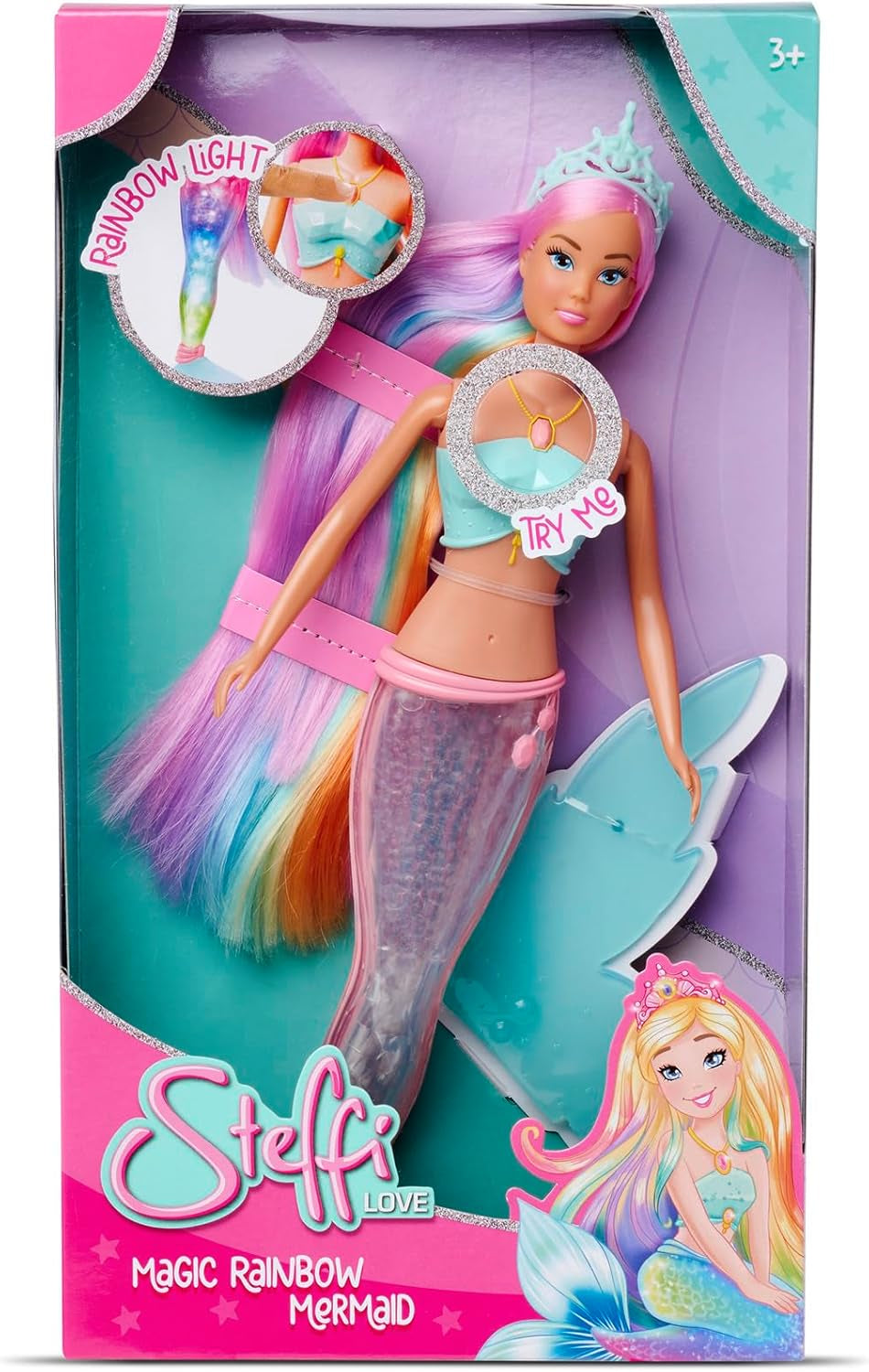 Steffi Love Magic Rainbow Mermaid, lalka syrenka z funkcją magicznego tęczowego światła i bardzo długimi włosami, 39 cm, wiek 3+