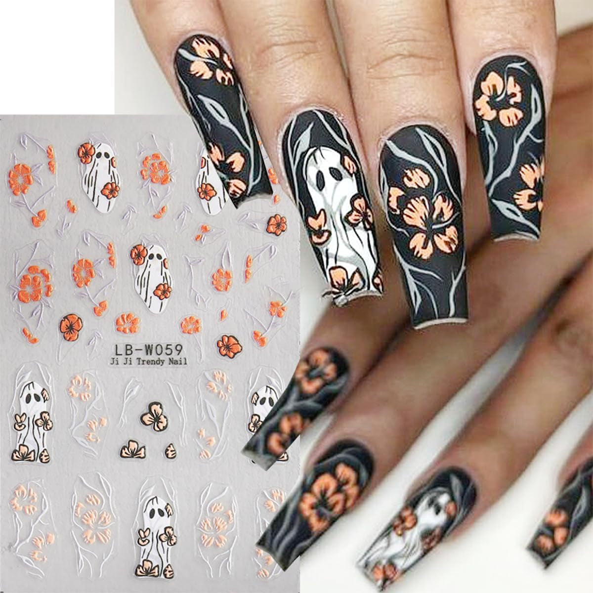 JMEOWIO Nagelsticker Halloween 9 Blatt Nail Art Naklejka Selbstklebend Nagelaufkleber Süße Geisterblume Dekoration Nageldesign Zubehör