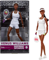 Barbie Inspirująca seria dla kobiet Modna lalka Barbie Venus Williams z podpisanym mundurem i rakietą tenisową w zestawie z pudełkiem prezentacyjnym HRM49