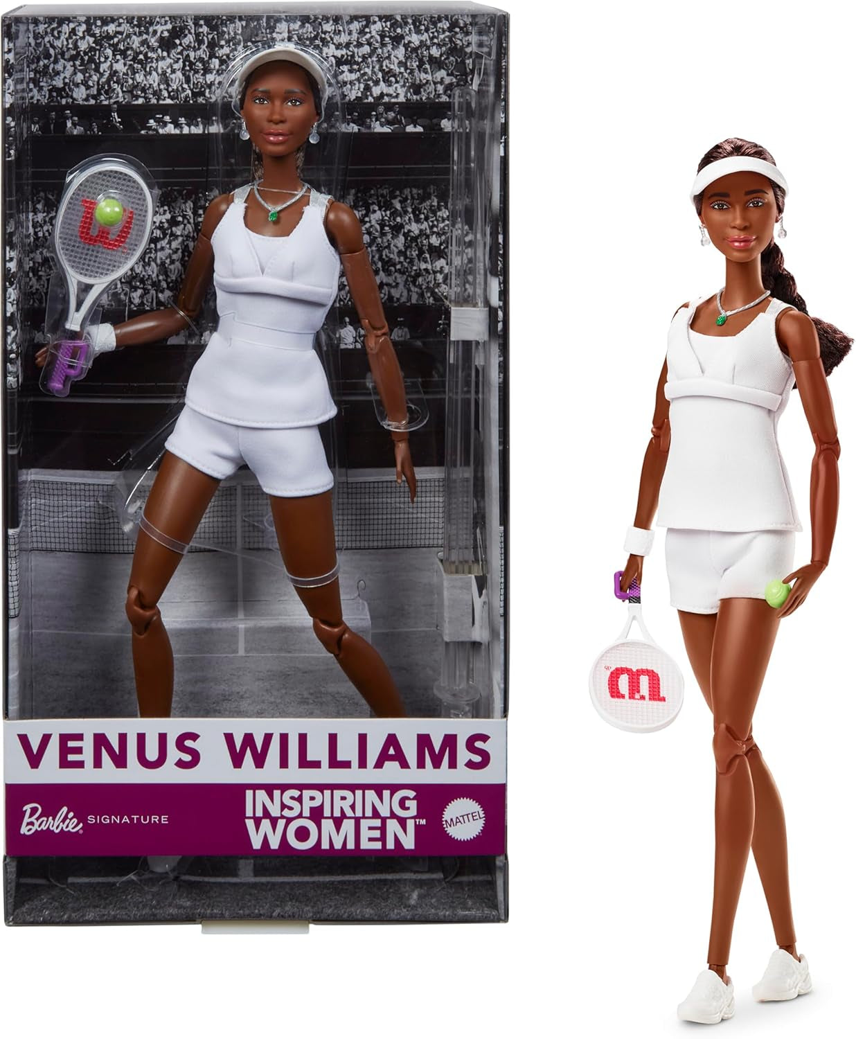 Barbie Inspirująca seria dla kobiet Modna lalka Barbie Venus Williams z podpisanym mundurem i rakietą tenisową w zestawie z pudełkiem prezentacyjnym HRM49