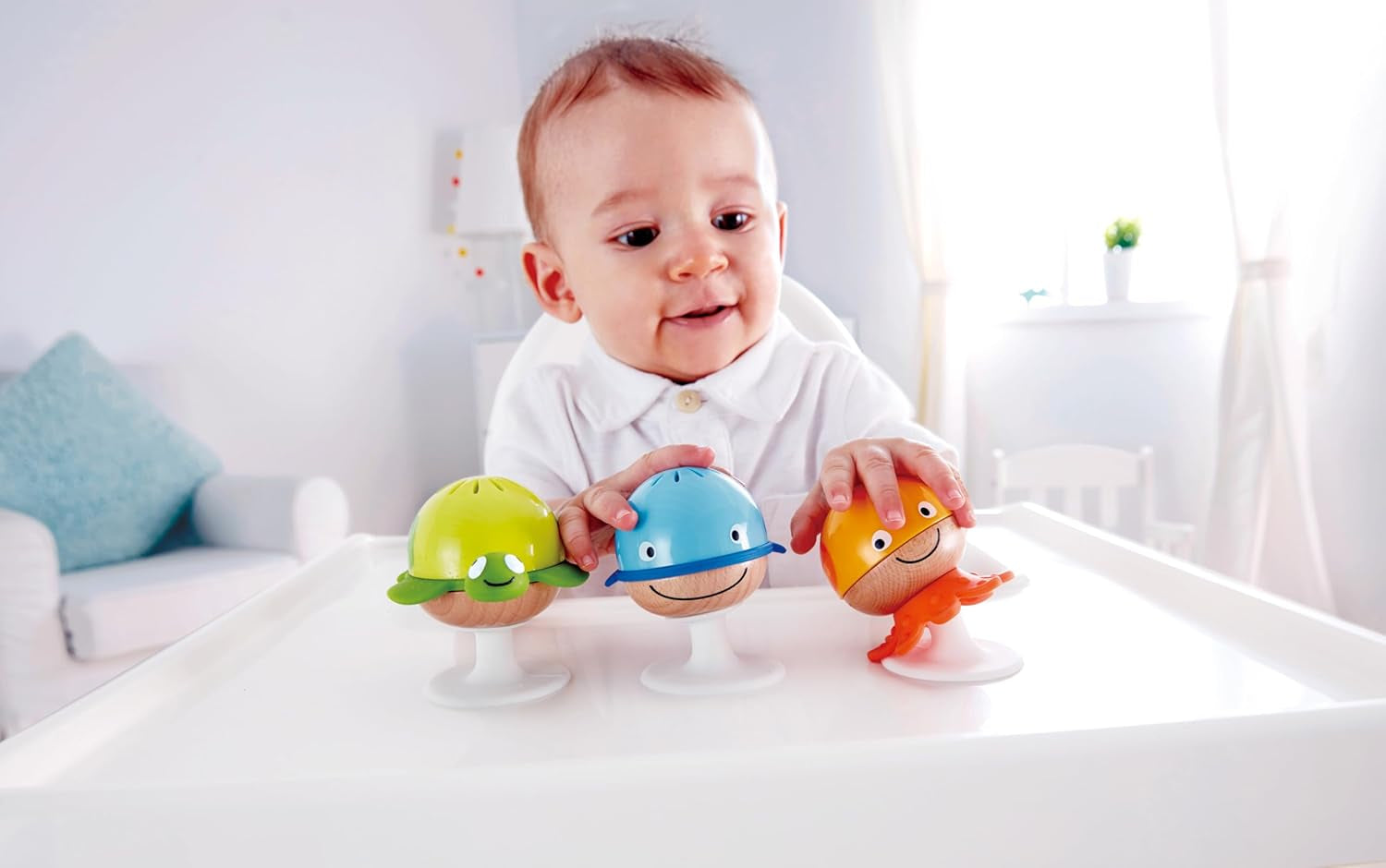 Zestaw grzechotek z przyssawką Hape | Trzy zwierzęta z elementami gryzaka, żółwia, ośmiornicy i wieloryba | Zabawka edukacyjna od 0 miesiąca życia Bebe Toys Naty Shop