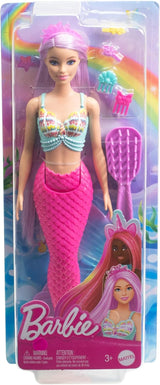 Lalka Barbie Syrenka – z długimi różowymi włosami i niestandardowymi akcesoriami do stylizacji, w tym szczotką, ładną muszlą i różowymi płetwami, dla dzieci w wieku od 3 lat, lalki HRR00 Naty Shop