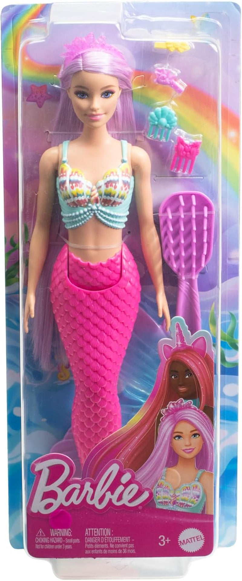 Lalka Barbie Syrenka – z długimi różowymi włosami i indywidualnymi akcesoriami do stylizacji, w tym szczotką, śliczną końcówką w kształcie muszelki i różową płetwą ogonową, dla dzieci w wieku od 3 lat, HRR00