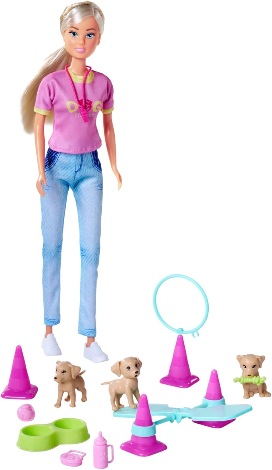 Simba Steffi Love Dog Trainer, zabawka lalka jako trener psów z kursem szkoleniowym, 3 psy i akcesoria, 29 cm, od 3 lat