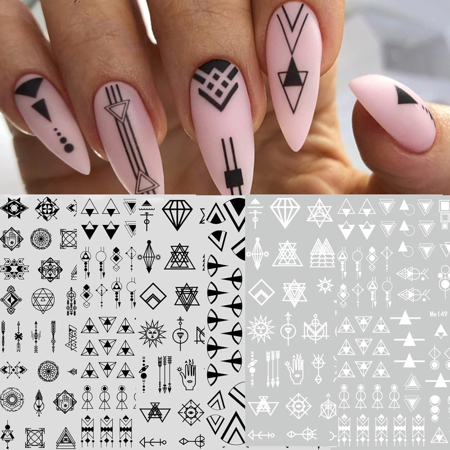 12 Blatt Nagelsticker Geometrysch Nagelaufkleber Selbstklebend Schwarz-Weißes Mysteriöses Dreieck Nail Art Naklejka Dekoracja Nageldesign Zubehör