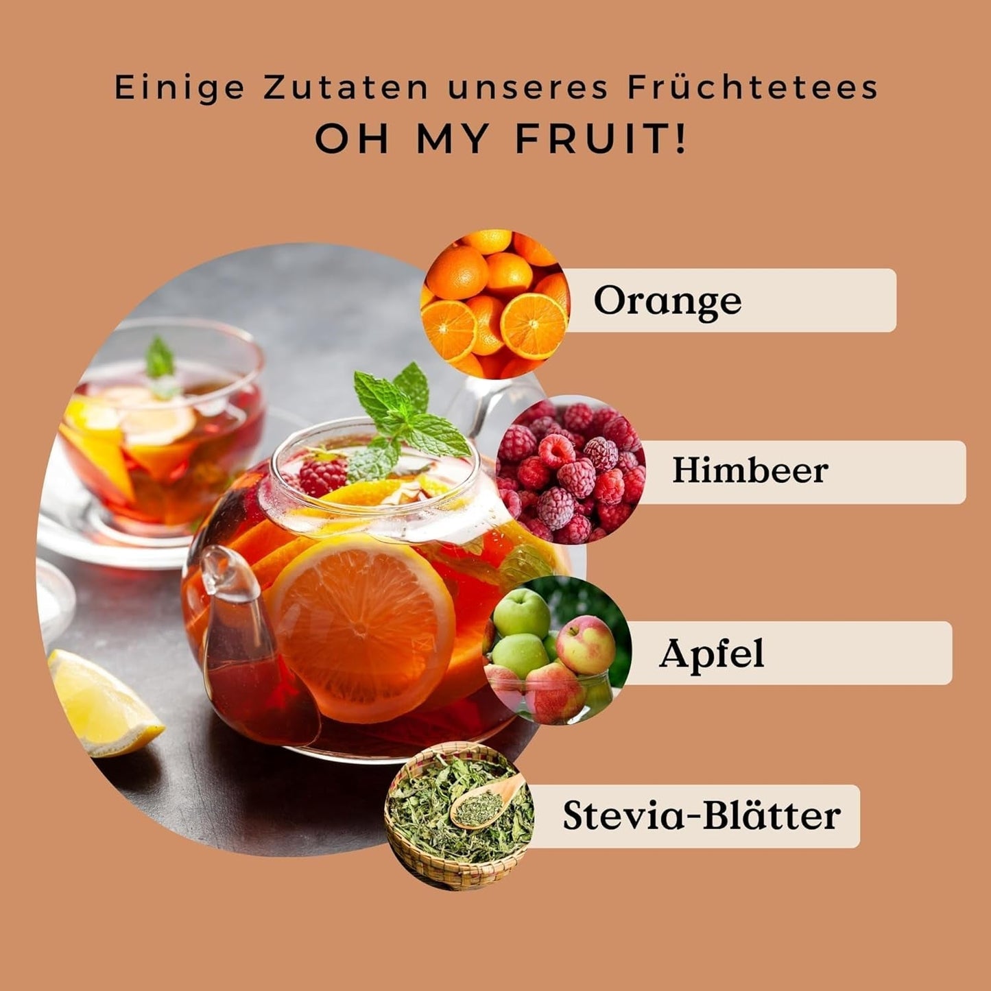 Oh My Fruit BIO herbata owocowa 100 g (50 filiżanek) | Herbata owocowa sypka z jabłkami, hibiskusem, malinami, pomarańczami i liśćmi stewii REPLANTEA