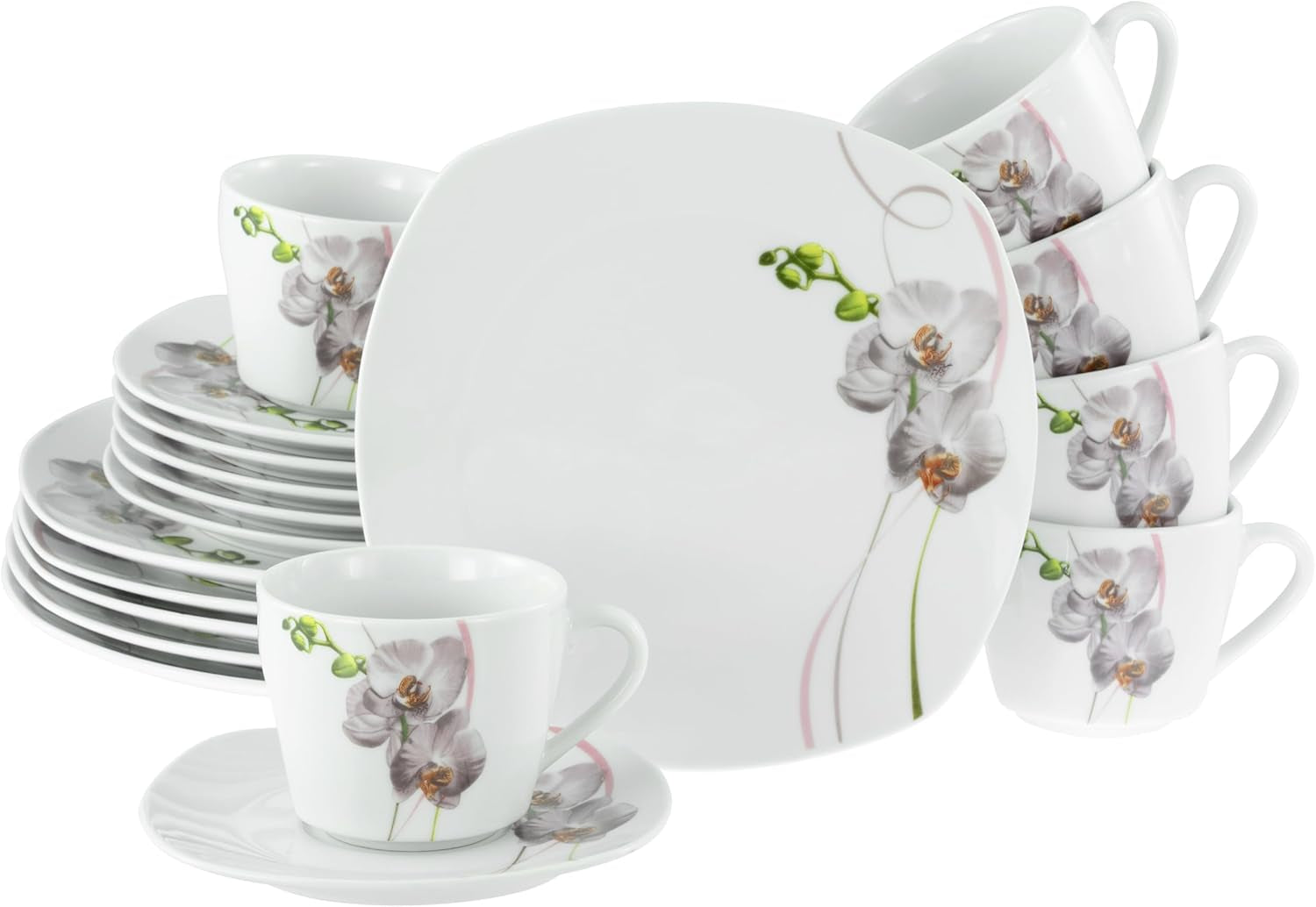 CreaTable, 24024, seria Square Orchid, 18-częściowy zestaw naczyń obiadowych dla 6 osób, porcelanowy serwis do kawy, można myć w zmywarce i używać w kuchence mikrofalowej, jakość produkcji