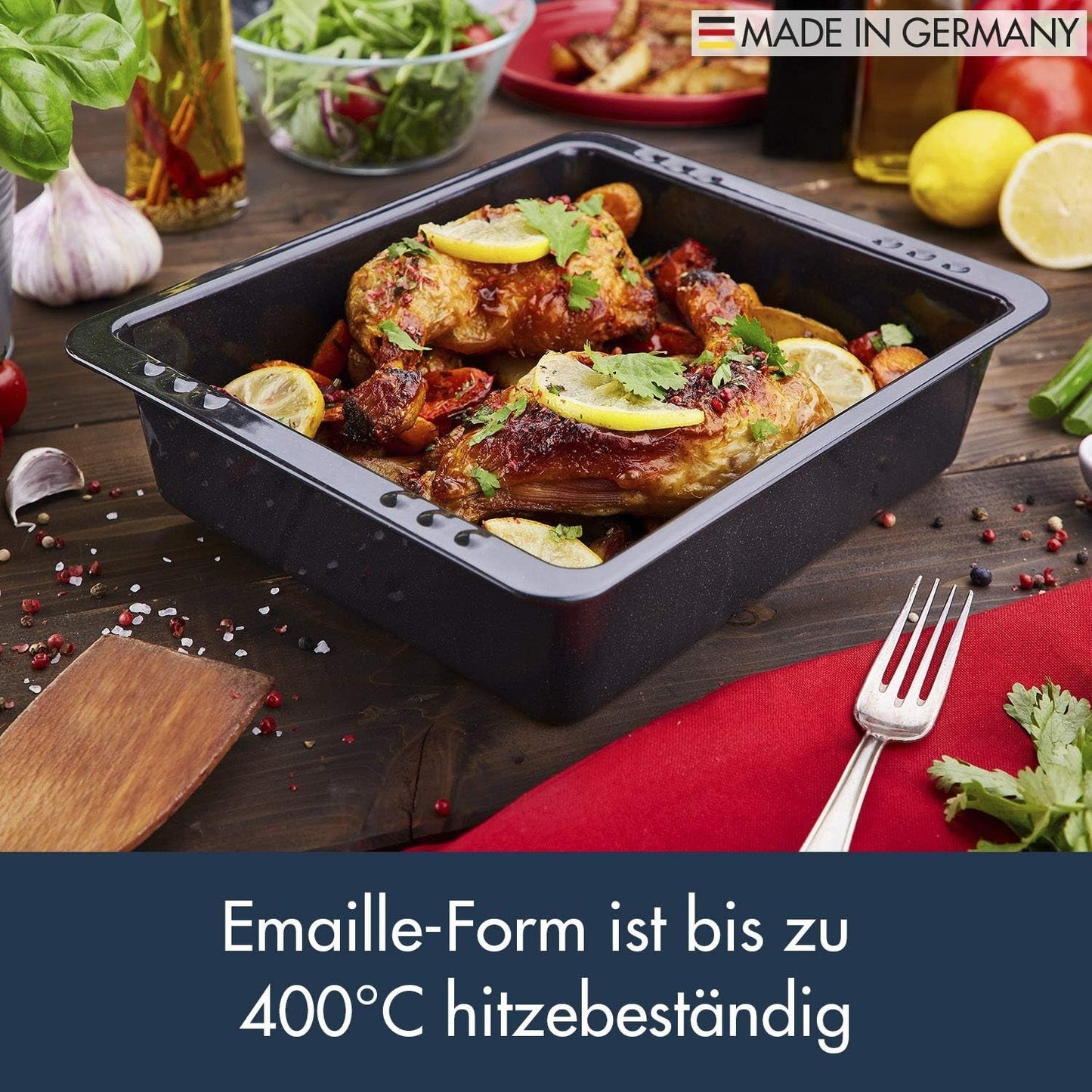 Chg SET 341-46-60 Extra Tiefe Ofenform (7,0 Cm) "Emaille" Mit Profi-Pfannenwender", Schwarz Gesprenkelt Formy i blachy do pieczenia Naty Shop