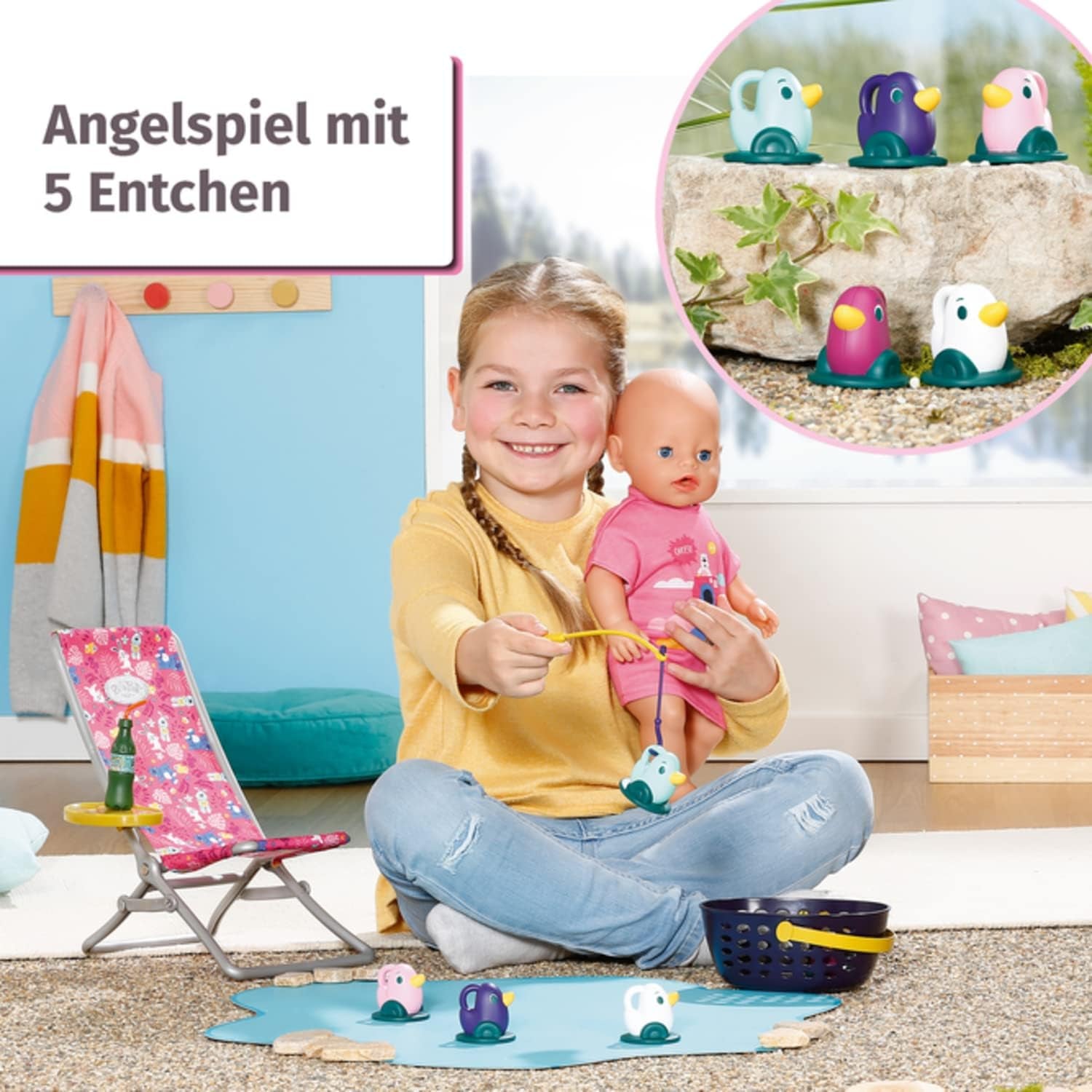 BABY Born 832790 Weekend Fishing - zestaw akcesoriów dla lalek wędkarskich z leżakiem z żywym nadrukiem, stolikiem bocznym, szklanką, koszem, kaczątkami i wędką oraz różową długą koszulą, różowy
