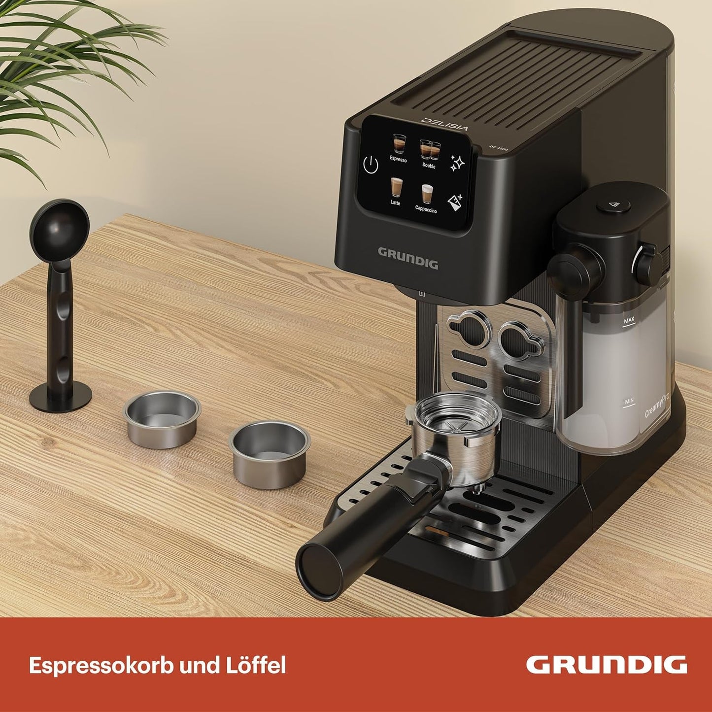 Ekspres do kawy z kolbą GRUNDIG KSM 5330 ze zintegrowanym pojemnikiem na mleko, moc 1628 W, ciśnienie pompy 15 bar, podwójna dysza, kolorowy wyświetlacz dotykowy, BrewSense, CreamyPro, Ciemna stal nierdzewna/Czarny