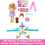 Lalka Chelsea Barbie Samolot i zestaw do zabawy – lalka pilot, samolot, akcesoria dla szczeniąt i bajek, obrotowe koła i śmigła do kwiatów, wiek 3+, HTK38