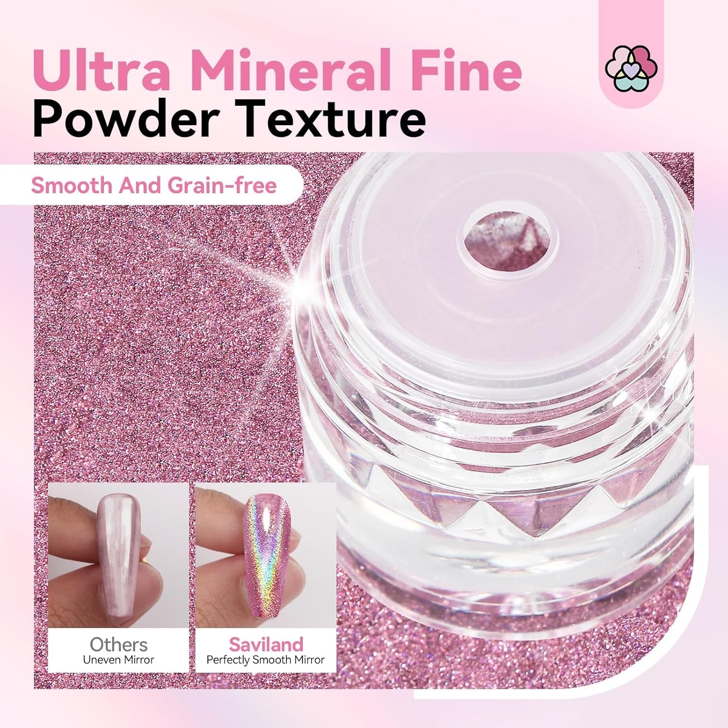Zestaw pudrów Saviland Chrome do paznokci - Różowy laserowy puder do paznokci Chrome Efekt lustrzany Laserowe zdobienie paznokci, Manicure z brokatem Dekoracyjny puder z gąbeczkami, Puder brokatowy do paznokci Salon paznokci
