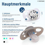Smoczki dla niemowląt Twistshake – opakowanie 2 szt. | Forma ortodontyczna | Ultralekki | Miękki silikonowy smoczek | Bez BPA | Odpowiedni dla dzieci od 6 miesiąca życia | Szaro-biały