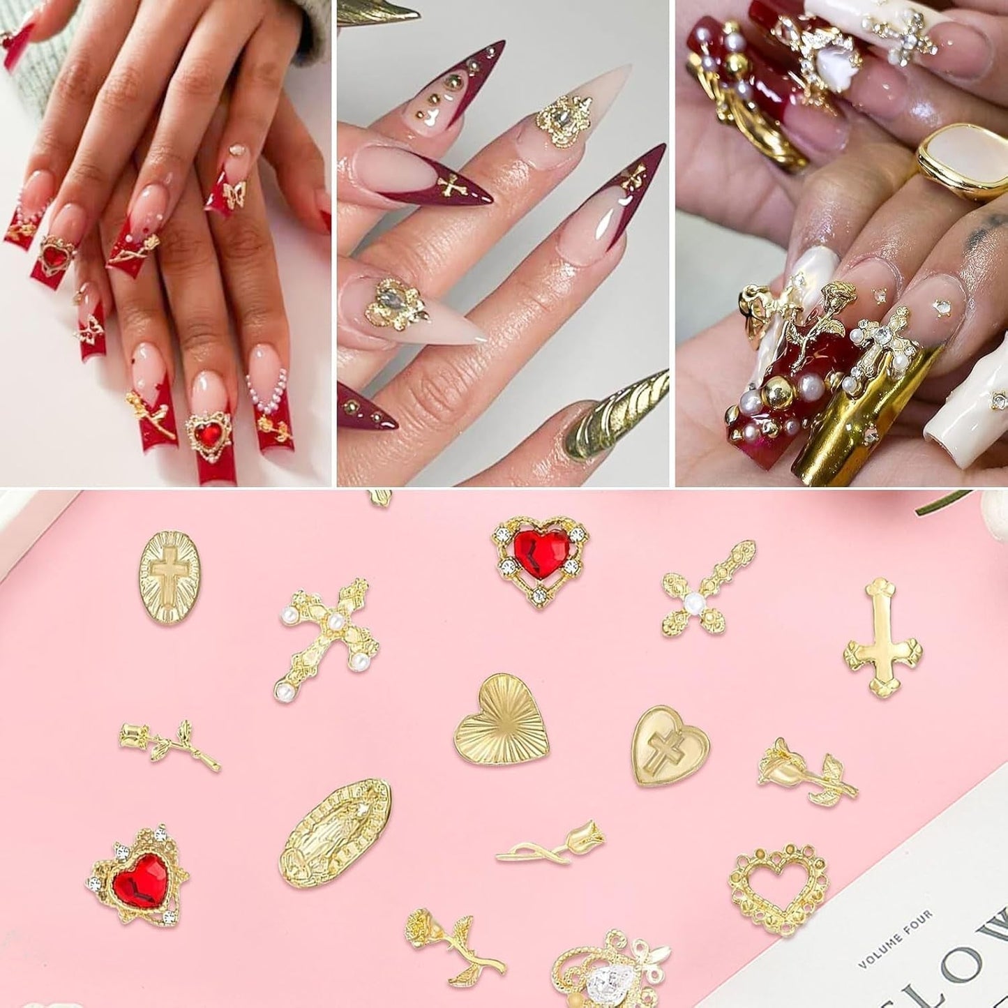 Złote zawieszki do paznokci 80 szt. Krzyżowe serce z różą Dziewica Maryja Klejnoty do paznokci Stop metali Akcesoria do paznokci do Manicure Projektowanie Dekoracje DIY Rzemiosło