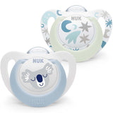 NUK Star Night & Day smoczek dla niemowląt 0-6 miesięcy świecący w ciemności silikonowy różowy kot bez BPA, 2 szt.