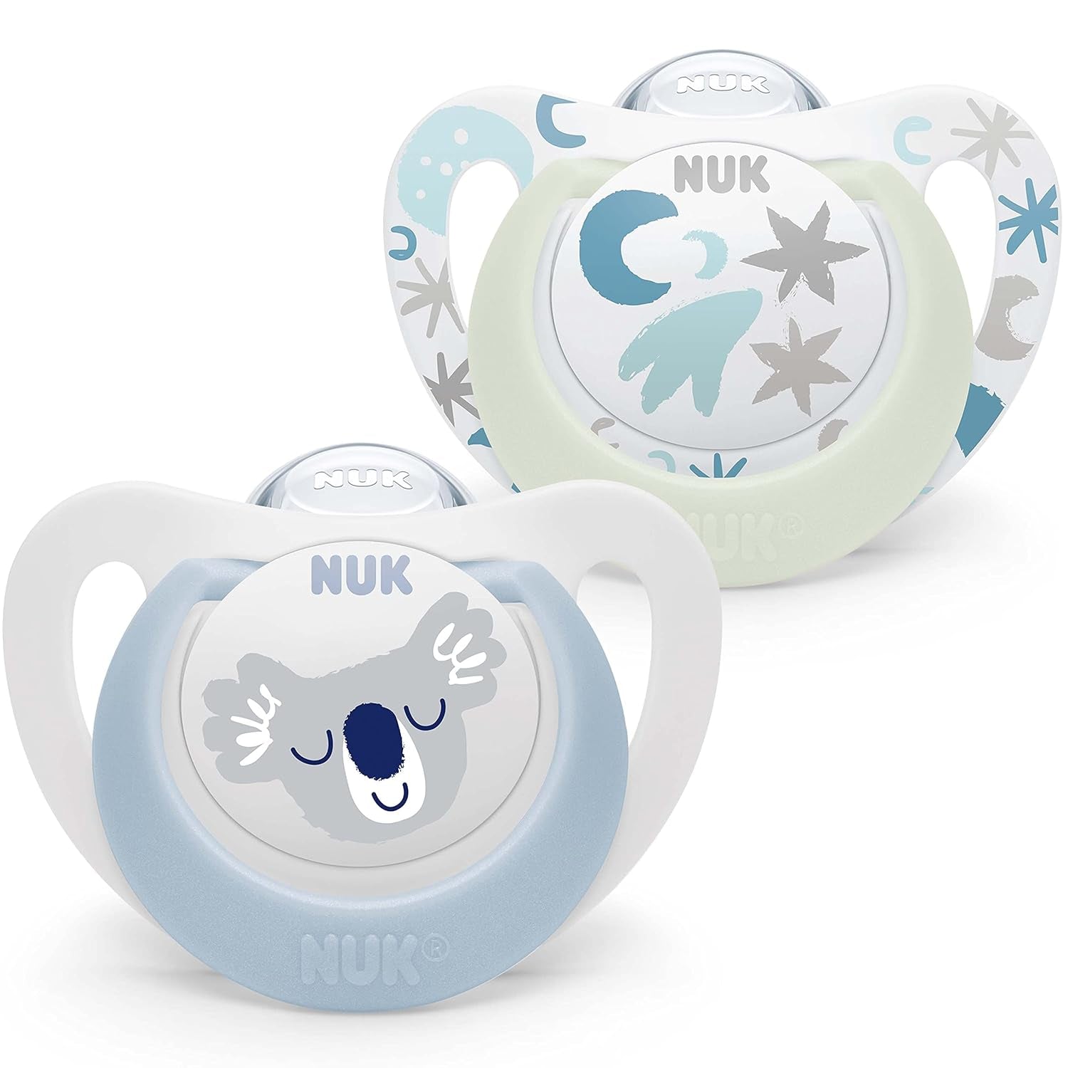 NUK Star Night & Day smoczek dla niemowląt 0-6 miesięcy świecący w ciemności silikonowy różowy kot bez BPA, 2 szt.