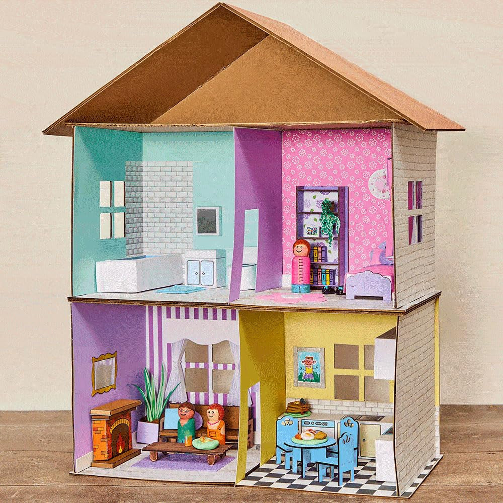 Baker Ross FN255 Mini drewniany zestaw do domku dla lalek - 1-częściowy zestaw do domku dla lalek dla dzieci Zestaw do rękodzieła DIY