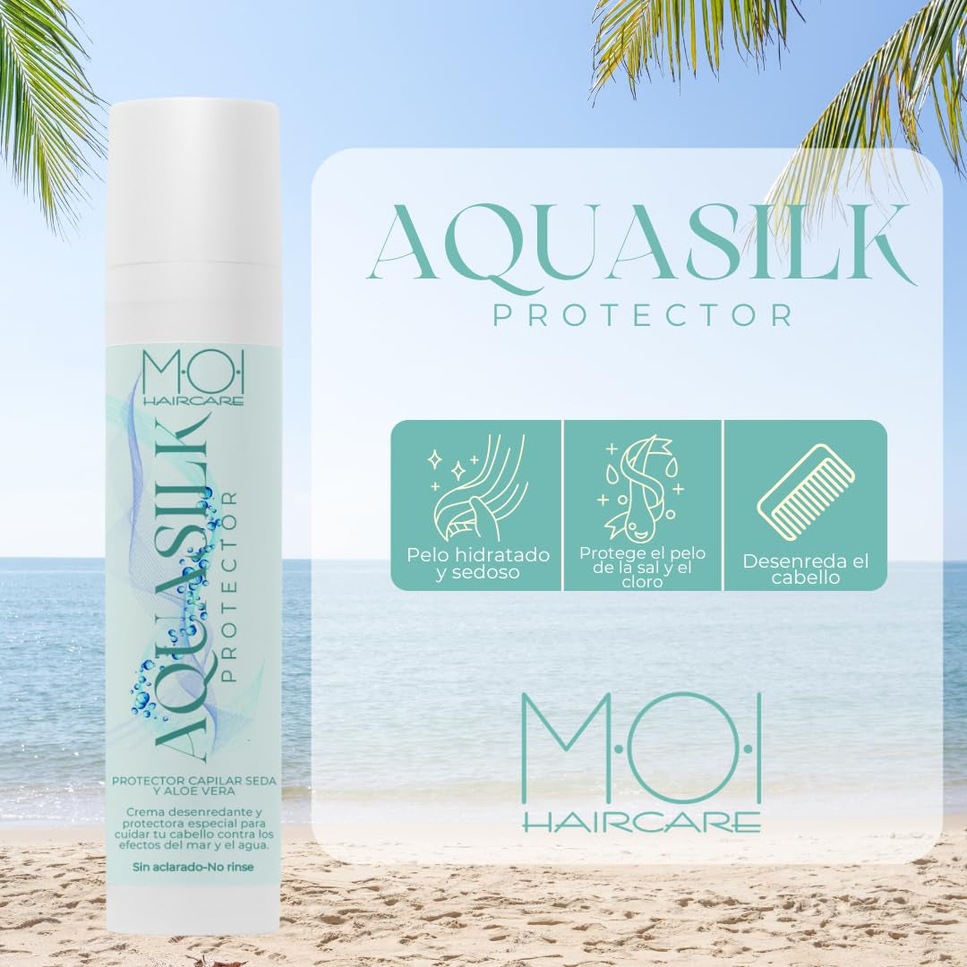 AQUA SILK krem do włosów na lato, chroni włosy przed morzem i chlorem, jedwab i aloes, pielęgnacja włosów M-O-I | Maska do włosów Naty Shop 100 ml