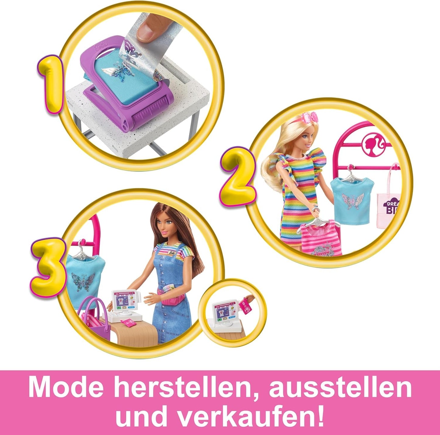 Zestaw Barbie Fashion Boutique - lalka ze wzorem w folię, ponad 150 oryginalnych kreacji, zawiera 2 bluzki i 5 arkuszy folii, stojak na ubrania i czytnik kart kredytowych, wiek powyżej 3 lat, HKT78