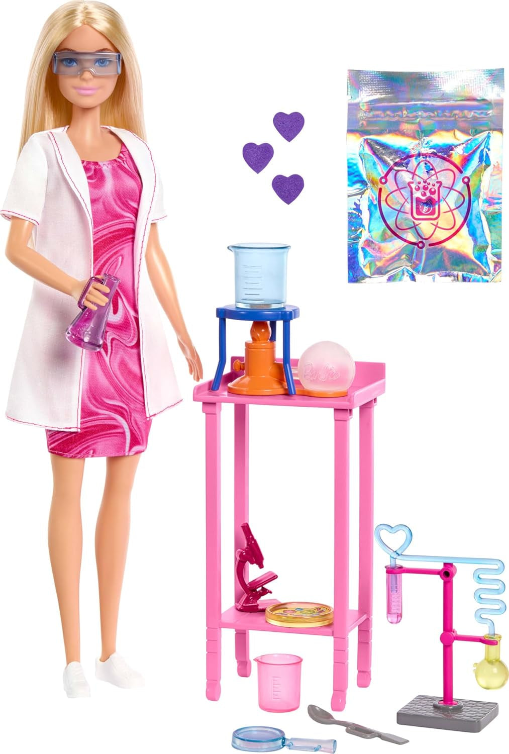 Lalka Barbie Naukowiec i akcesoria z modną blondynką, stołem laboratoryjnym, mikroskopem, zlewką zmieniającą kolor i szalką Petriego, JCR70