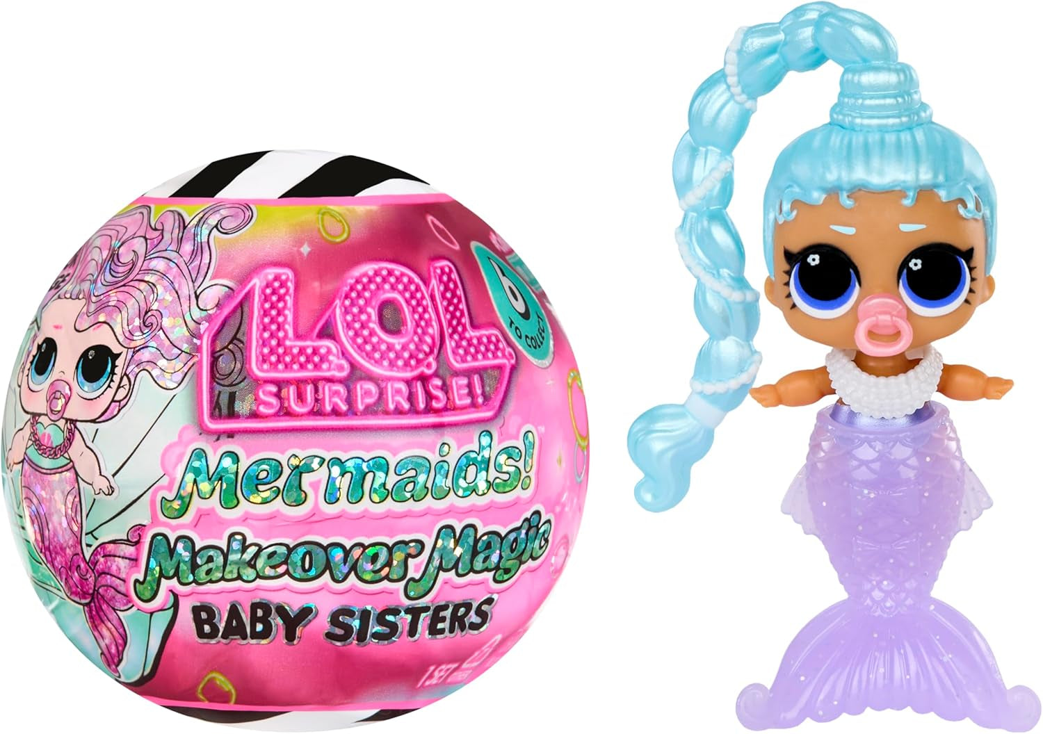 LOL niespodzianka! Metamorfoza syreny Magic Baby Sisters - Ogon syreny zmieniający kolor z kulką małży do ekspozycji, 6 lalek kolekcjonerskich - wiek 4+