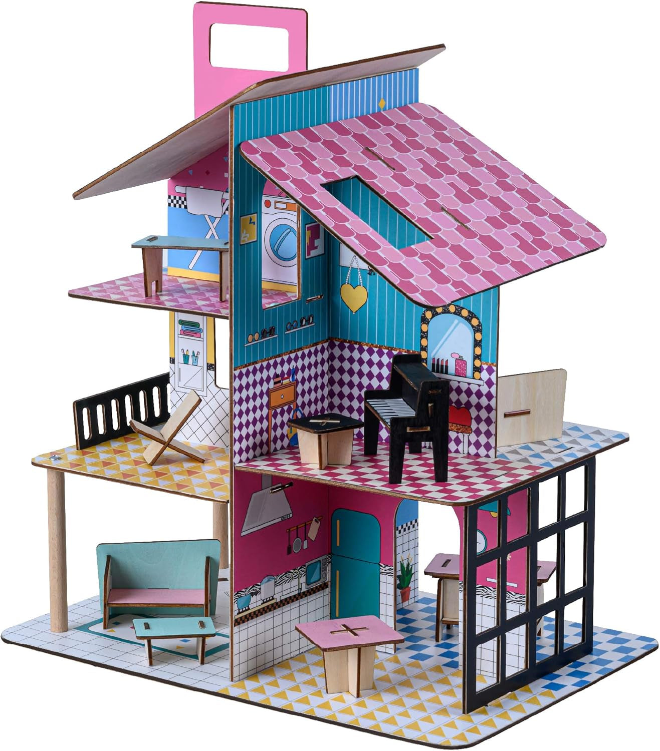 Drewniany domek dla lalek Olivia's Little World 360 dla dzieci, lalki 3,5 cala i 12 akcesoriów, wielokolorowy TD-13260C