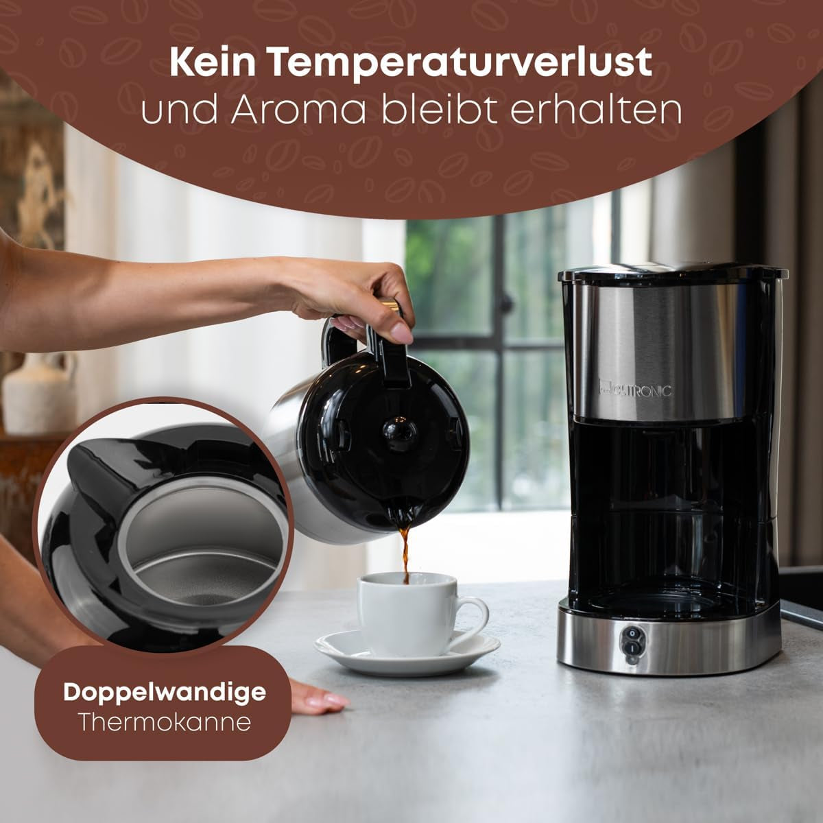 Ekspres do kawy Clatronic® z termosem na 8–10 filiżanek kawy (ok. 1,2 l) | Ekspres do kawy z filtrem ze stali nierdzewnej | Karafka termosowa z podwójnymi ściankami | Brak utraty temperatury | Ekspres do kawy 800 W | KA 3805