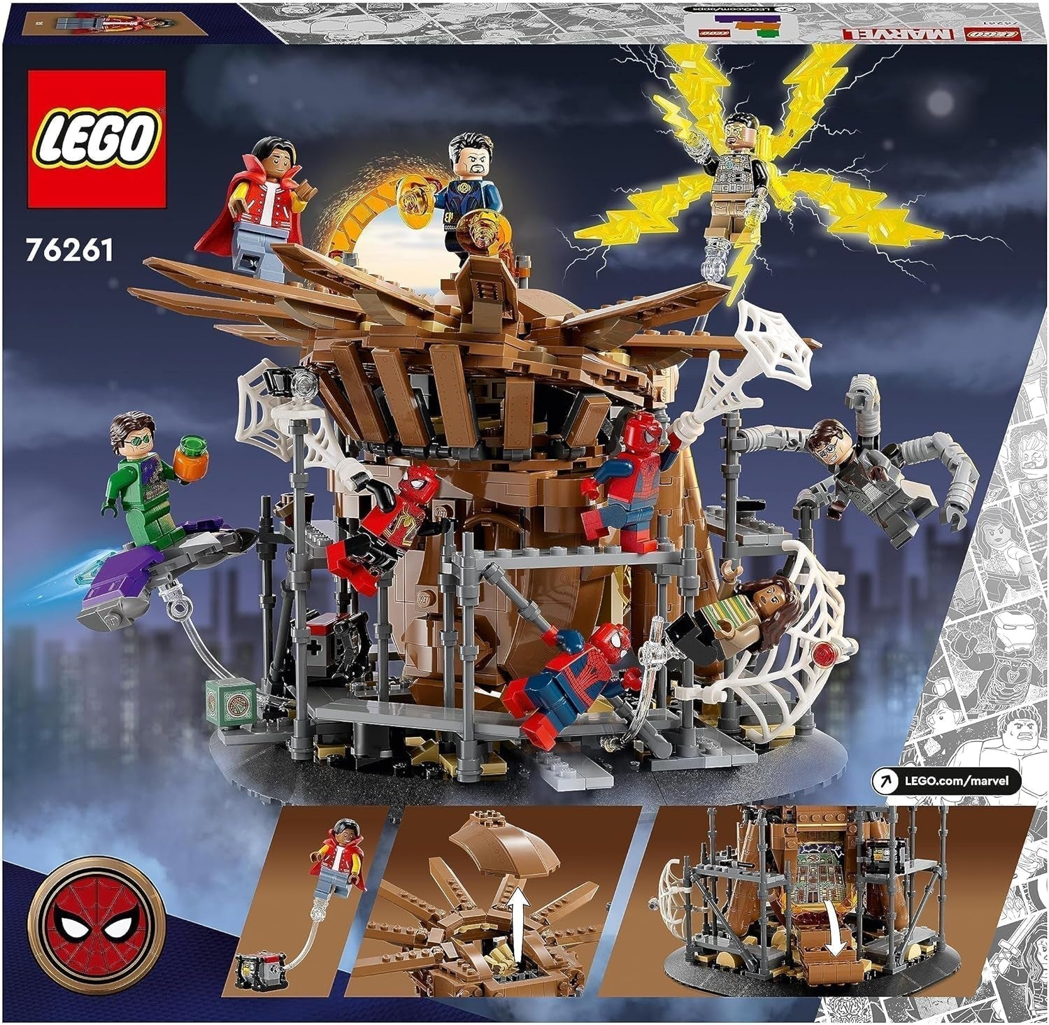 LEGO 76261 Marvel Spider-Man's Big Showdown, Spider-Man: No Way Home, zestaw z 3 minifigurkami Petera Parkera oraz Zielonym Goblinem, Electro, Sandmanem, Nedem, Doktorem Strange i MJ, model kolekcjonerski Zestawy do budowania Kup w sklepie LEGO