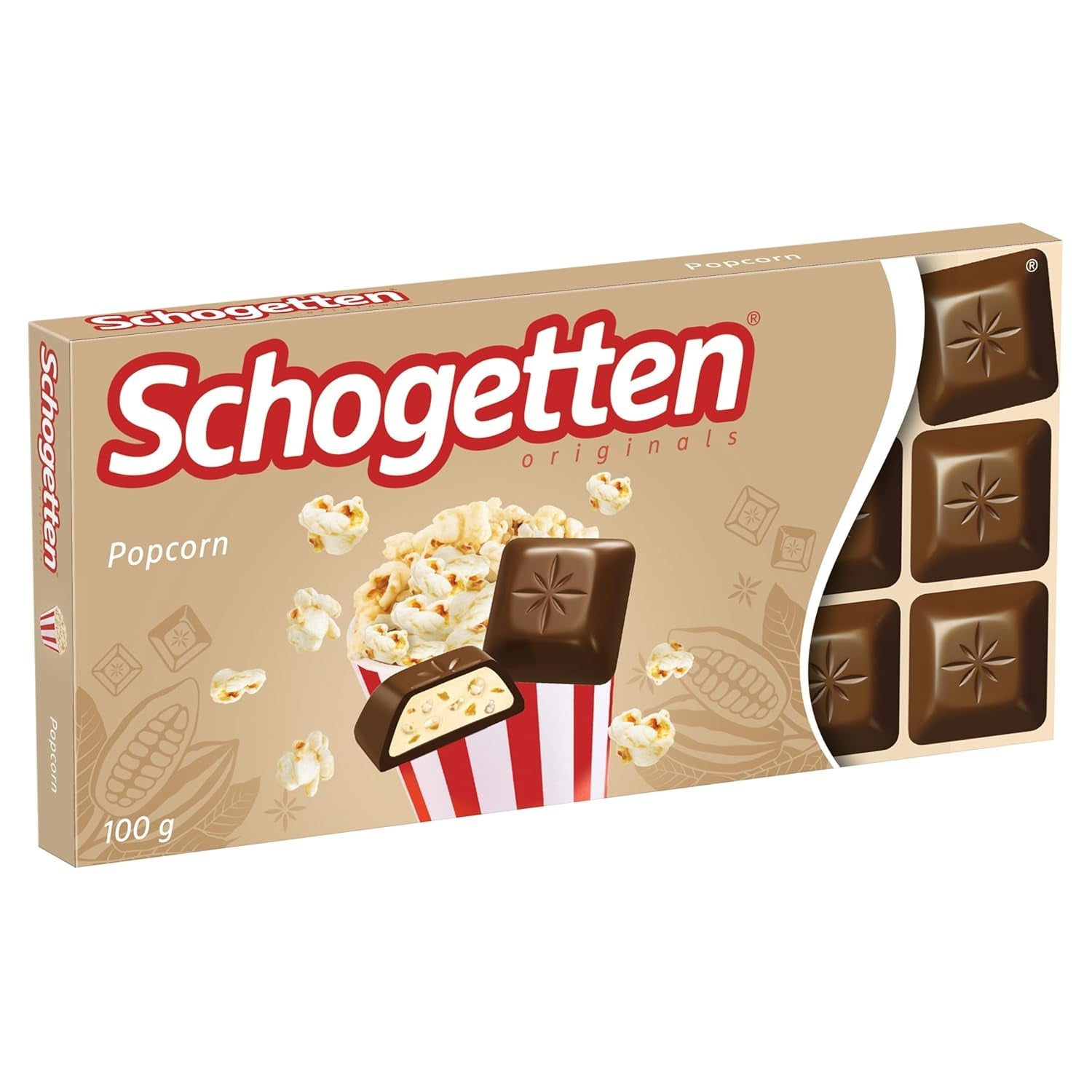 Popcorn Schogetten 1 tabliczka czekolady x 100 g, czekolada mleczna z popcornem i kawałkami kukurydzy, praktyczne pojedyncze sztuki. Przysmak. Kawałek po kawałku.