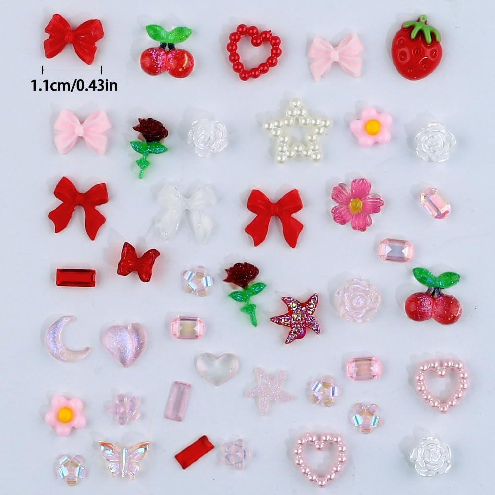 100 sztuk 3D Charms do paznokci Rosa Rot Kirsche Erdbeere Blume Nagel Charms Kamelie Rose Schmetterling Nail Art Charms Flatback Herz Schleife Charms Nägel Zubehör Mond Stern Nagelschmuck Nageldesign Anhänger