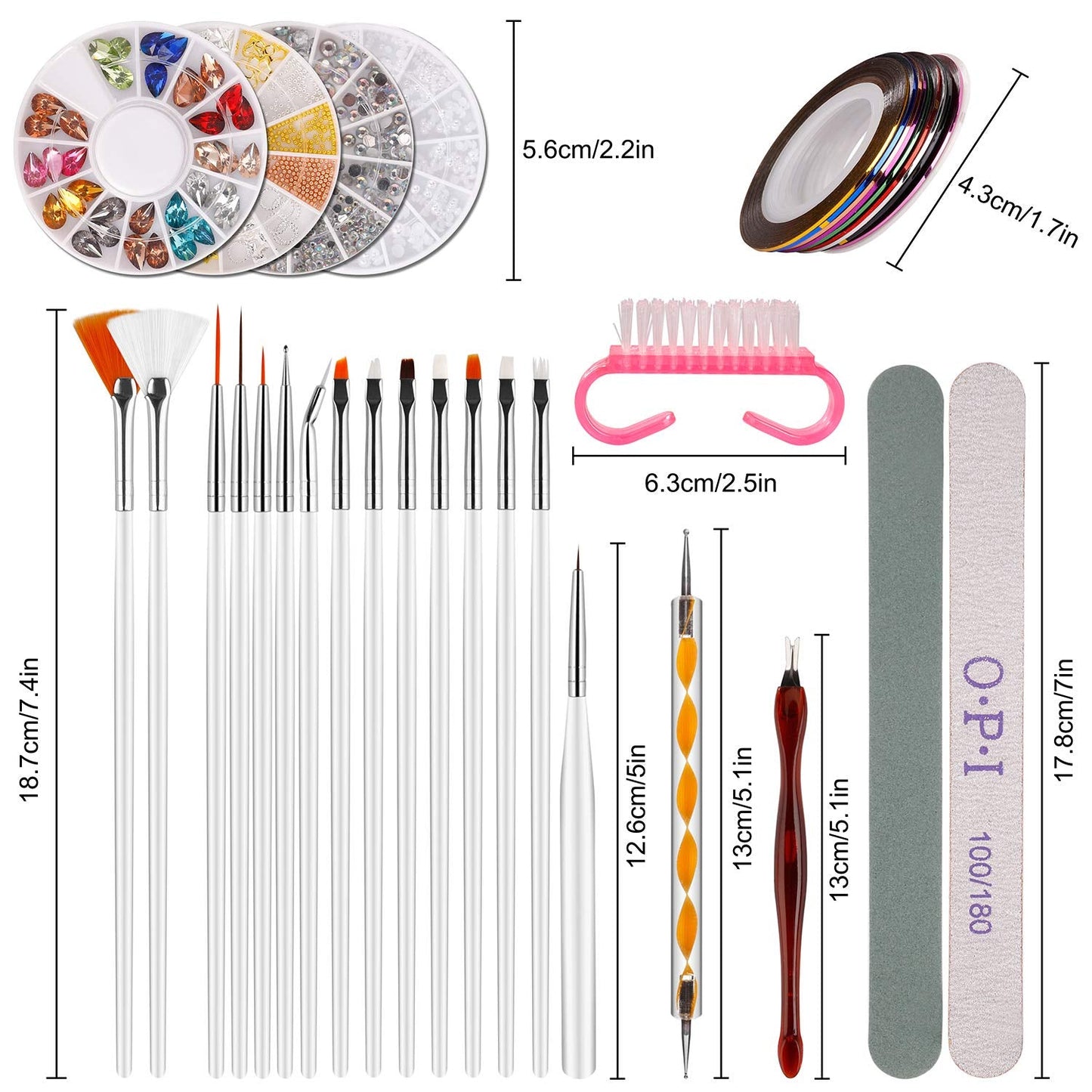 Zestaw do zdobienia paznokci i Nagelpinsel, Nageldesign Zubehör, Nagelset 5 Stk 2 Wege Punktierung Stift, 15 Malerei Polnisch Pinsel Set, 10 Streifenband, 4 Boxen Bunte Nagel Rhinestones Dekoration