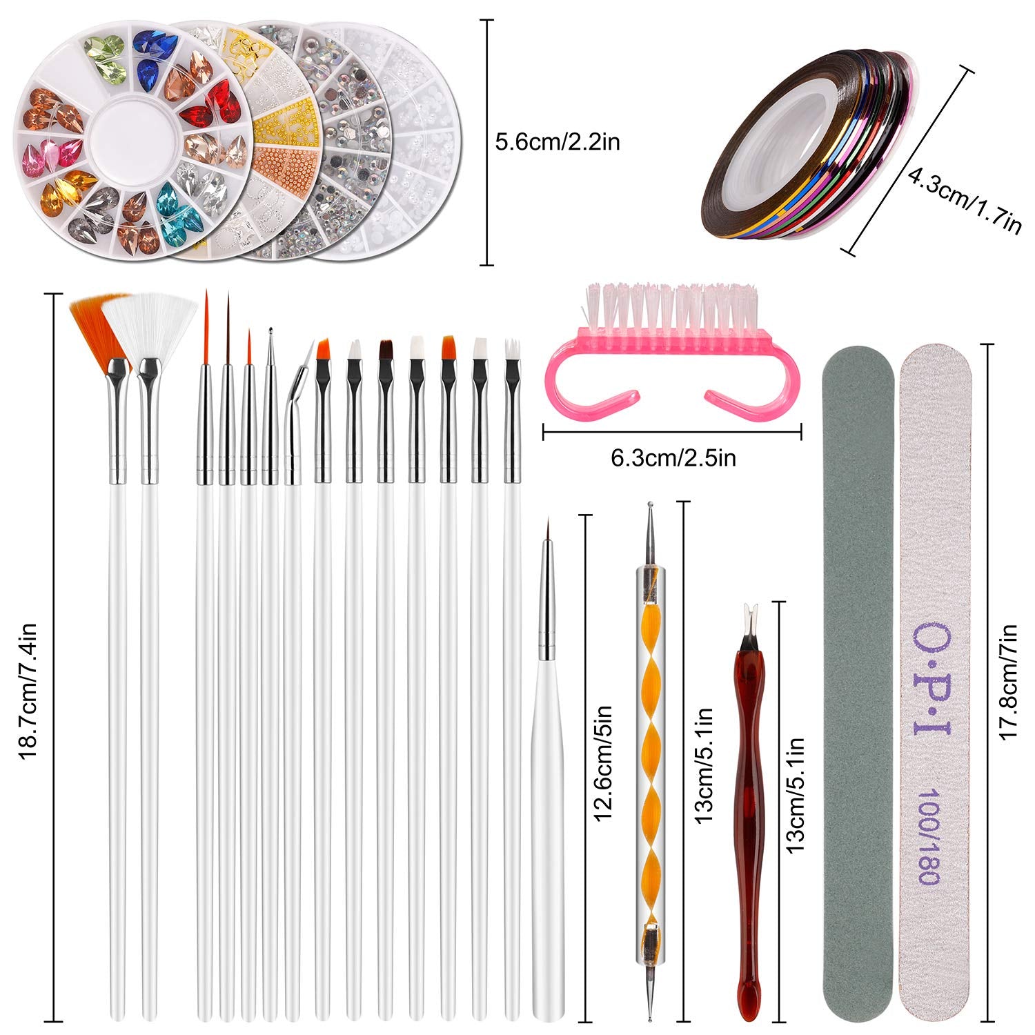 Zestaw do zdobienia paznokci i Nagelpinsel, Nageldesign Zubehör, Nagelset 5 Stk 2 Wege Punktierung Stift, 15 Malerei Polnisch Pinsel Set, 10 Streifenband, 4 Boxen Bunte Nagel Rhinestones Dekoration
