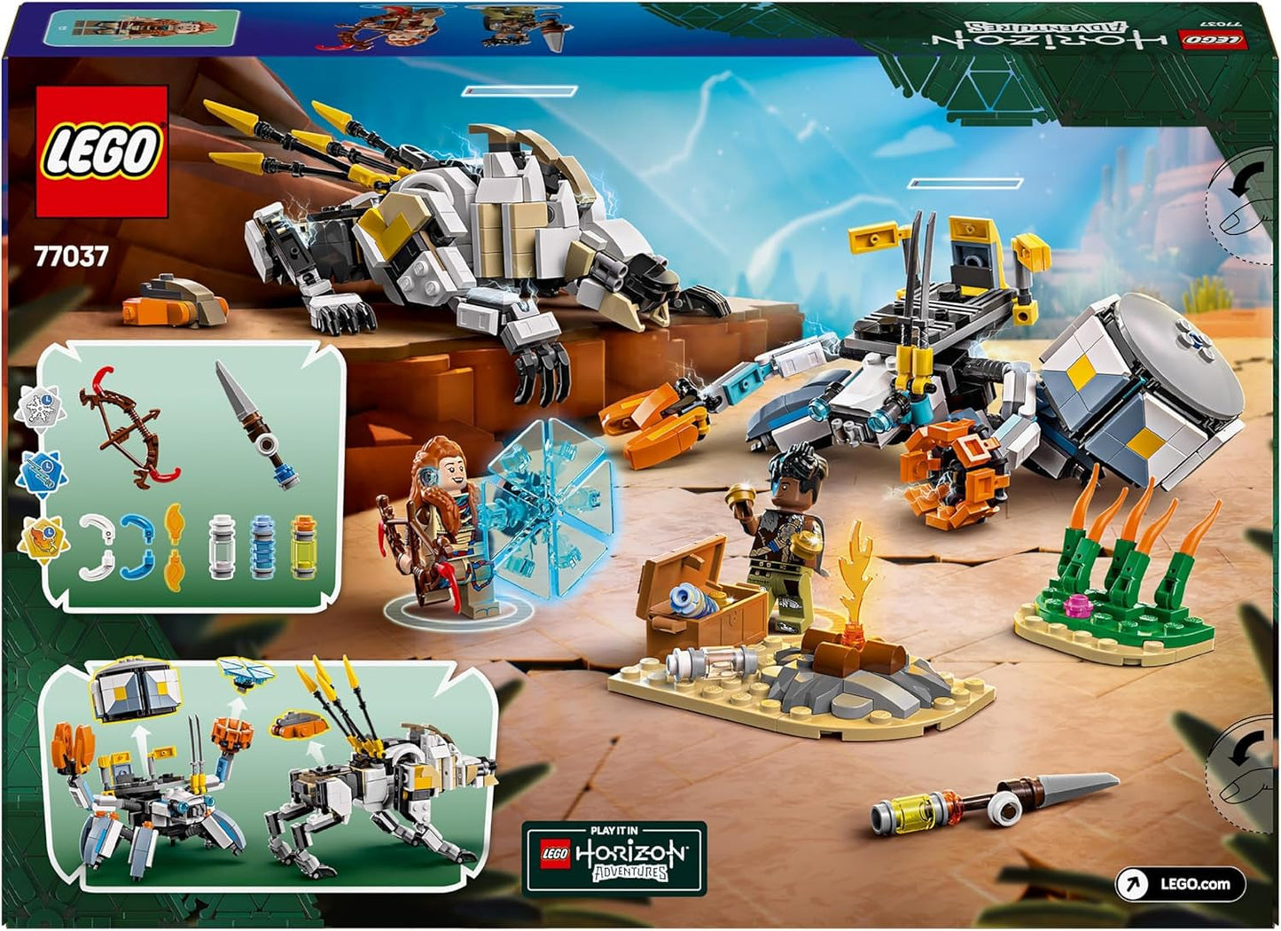 LEGO Horizon Adventures Aloy i Varl Vs. Walker w zbroi i Sawtooth, zabawka-samochód-potwor i minifigurki, zestaw kolekcjonerski dla fanów gier wideo, chłopców i dziewcząt powyżej 9 lat 77037 Zestawy do budowania Besuche den LEGO-Store